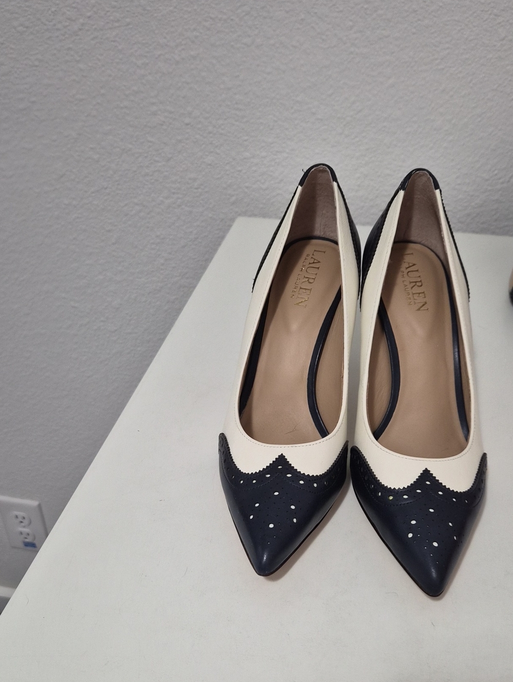 Lauren Ralph Lauren Black and Cream Pointed Brogue Pumps